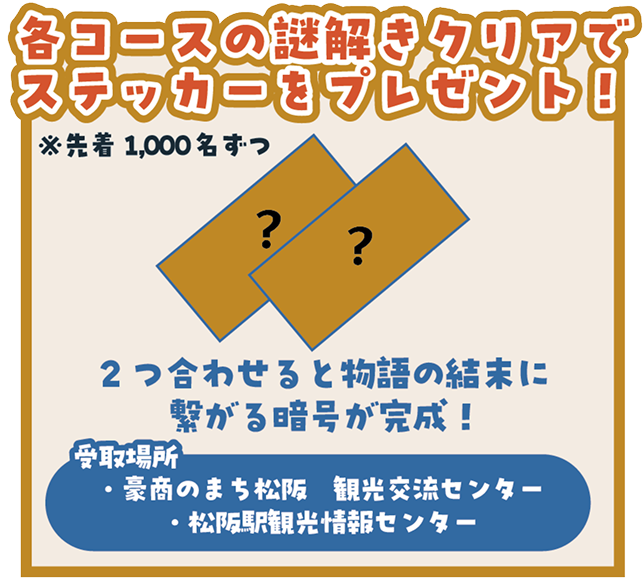 各コースの謎解きをクリアでステッカーをプレゼント！※先着1,000名ずつ 2つ合わせると物語の結末につながる暗号が完成！ 受け取り場所・豪商のまち松阪 観光交流センター ・松阪駅観光交流センター